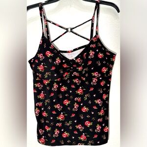 NEW Junior Plus Sz XL Black & Red Roses Spaghetti Strap Tank Top Crisscross Back